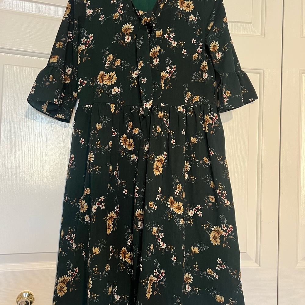 orange creek Forest Green Floral Tie-Neck dress
